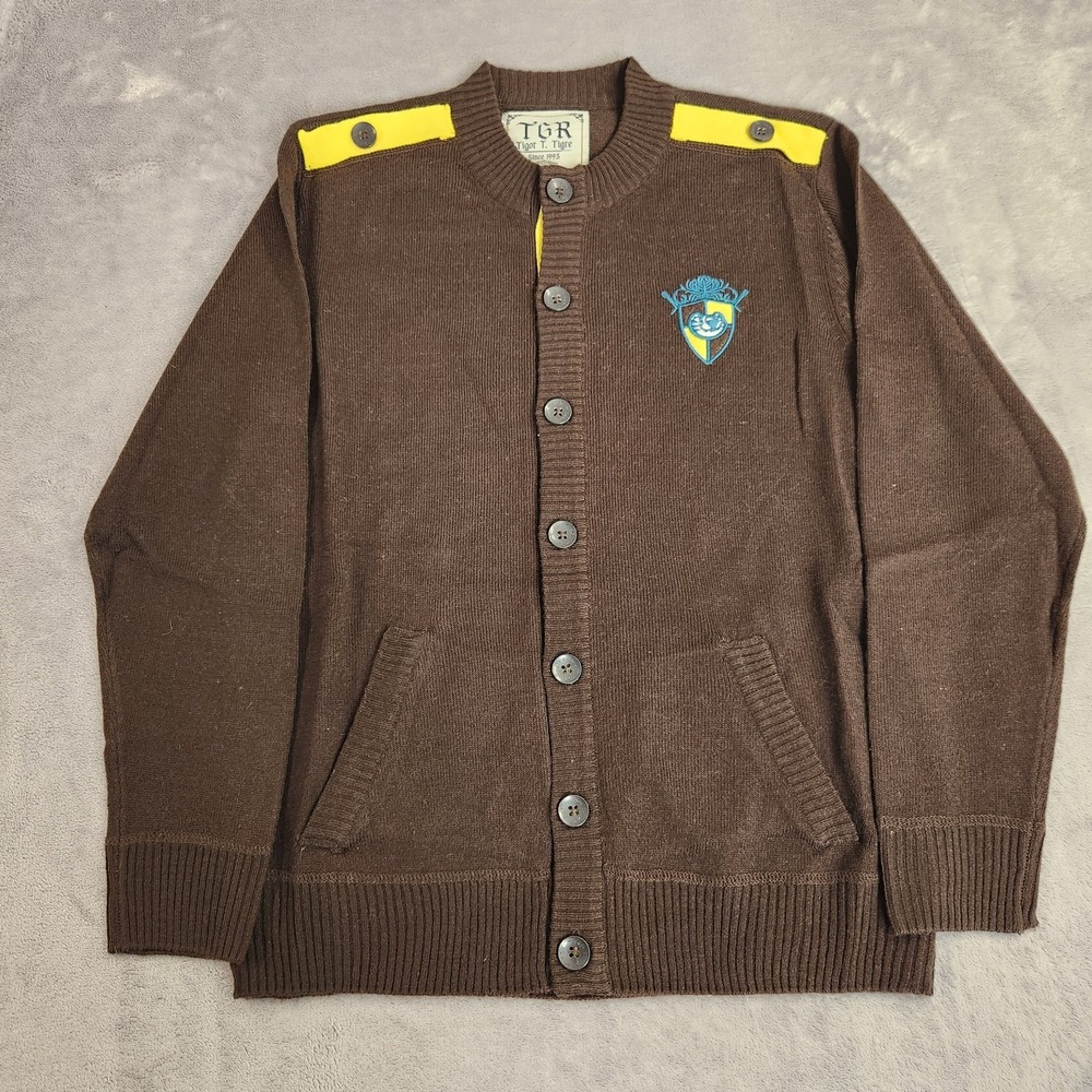 Tigor T. Tigre Brown Cardigan Sweater Boys Size 10 Crest Logo Preppy Knit Brazil